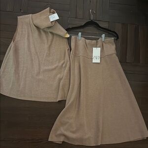 Zara Tan Midi A-Line Skirt Set for Work